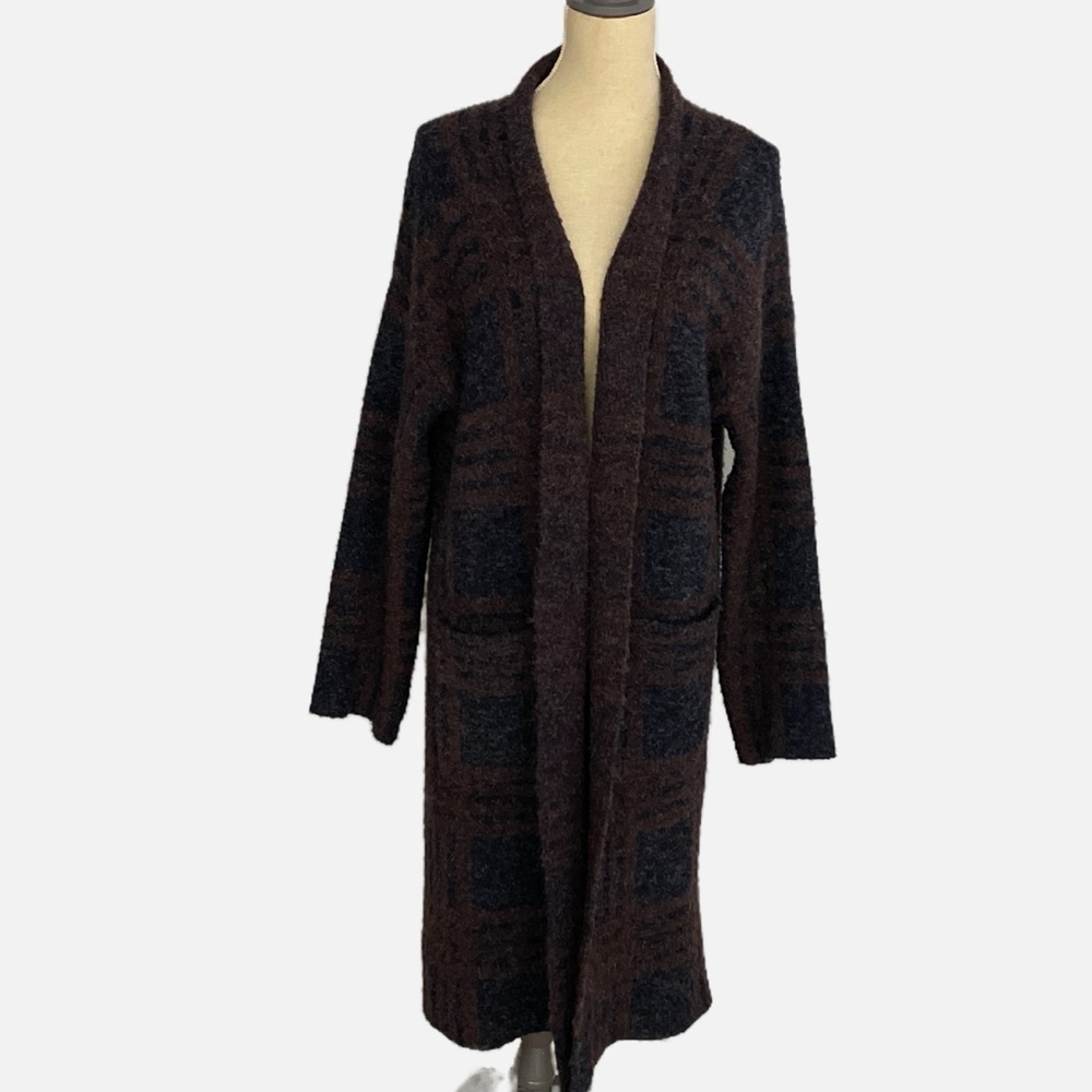 Cyrus Longline Open Cardigan Sweater Medium Blue Brown Patch Pockets Cozy